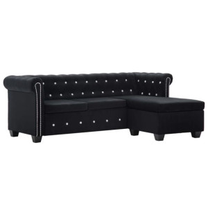 Sofa Chesterfield z leżanką, aksamit, 199 x 142 x 72 cm, czarna