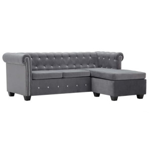 Sofa Chesterfield z leżanką, aksamit, 199 x 142 x 72 cm, szara