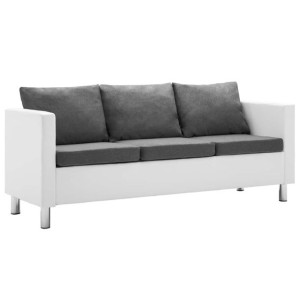 Sofa 3-osobowa obita sztuczną skórą, biało-jasnoszara