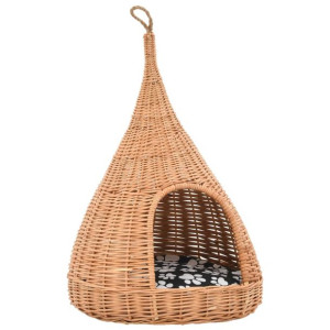 Domek dla kota z poduszką, 40x60 cm, naturalna wiklina, tipi