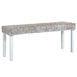 Ławka, 110 cm, biała, rattan kubu i lite drewno mango