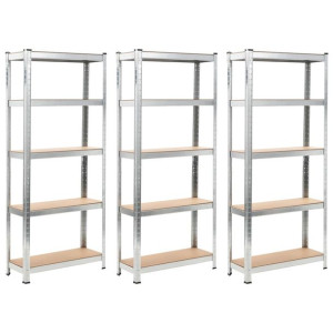 Regały magazynowe, 3 szt., srebrne, 75x30x172 cm, stal i MDF