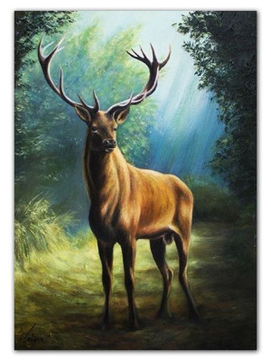 Obraz ręcznie malowany płótno 50x70cm Renifer w lesie