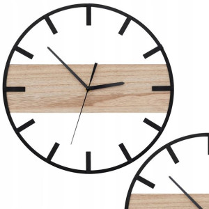 Zegar Ścienny Czarny Metal Drewno Okrągły 35cm