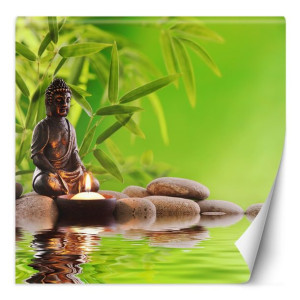 Fototapeta Budda, świeczka i kamienie zen 100x100