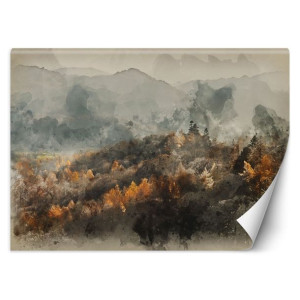 Fototapeta Jesienny las spowity mgłą - abstrakcja watercolor 100x70