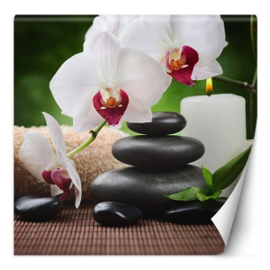 Fototapeta Orchidea, świeczka i kamienie zen w SPA 150x150