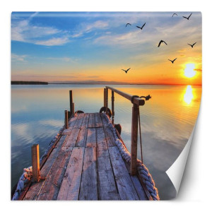 Fototapeta Zachód słońca nad jeziorem i lecące ptaki 100x100