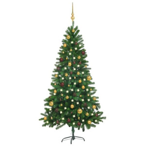 Sztuczna choinka z lampkami LED i bombkami, 180 cm, zielona