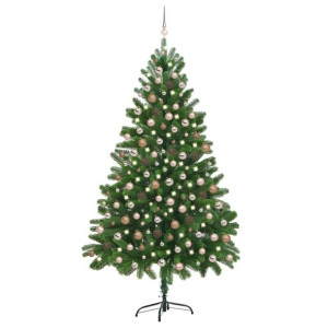 Sztuczna choinka z lampkami LED i bombkami, zielona, 210 cm