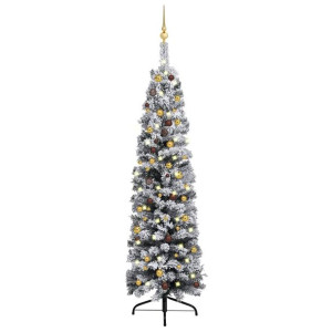 Smukła choinka z lampkami LED i bombkami, zielona, 210 cm