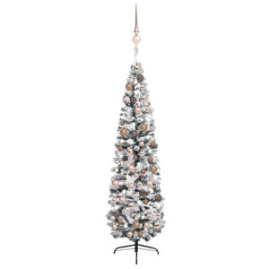 Smukła choinka z lampkami LED i bombkami, zielona, 210 cm