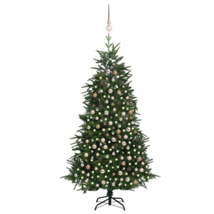Sztuczna choinka z LED i bombkami, zielona, 210 cm, PVC i PE