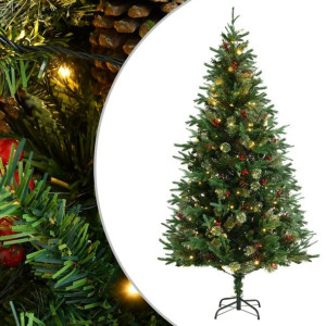 Choinka z lampkami LED i szyszkami, zielona, 195 cm, PVC i PE