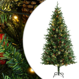 Choinka z lampkami LED i szyszkami, zielona, 225 cm, PVC i PE