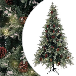Choinka z LED i szyszkami, zielono-biała, 195 cm, PVC i PE