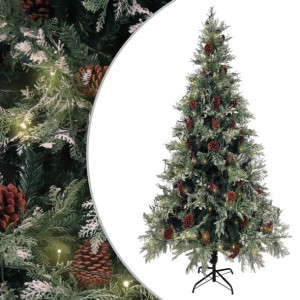 Choinka z LED i szyszkami, zielono-biała, 225 cm, PVC i PE