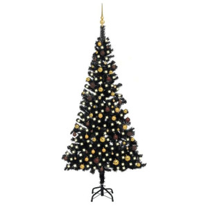 Sztuczna choinka z LED i bombkami, czarna, 240 cm, PVC