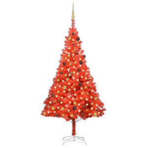 Sztuczna choinka z LED i bombkami, czerwona, 210 cm, PVC
