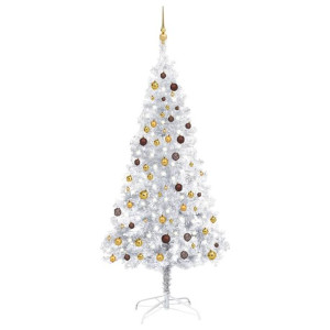 Sztuczna choinka z LED i bombkami, srebrna, 210 cm, PET