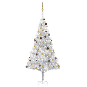 Sztuczna choinka z LED i bombkami, srebrna, 240 cm, PET