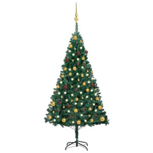 Sztuczna choinka z LED i zestawem bombek, zielona, 150 cm, PVC