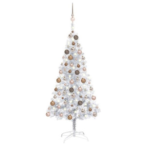Sztuczna choinka z LED i bombkami, srebrna, 120 cm, PET