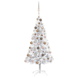 Sztuczna choinka z LED i bombkami, srebrna, 150 cm, PET