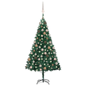 Sztuczna choinka z LED i zestawem bombek, zielona, 150 cm, PVC