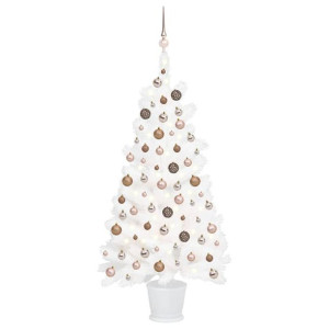 Sztuczna choinka z lampkami LED i bombkami, biała, 90 cm