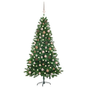 Sztuczna choinka z lampkami LED i bombkami, zielona, 150 cm