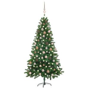 Sztuczna choinka z lampkami LED i bombkami, 180 cm, zielona