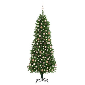 Sztuczna choinka z lampkami LED i bombkami, 240 cm, zielona