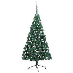 Sztuczna choinka z LED i bombkami, połówka, zielona, 150 cm