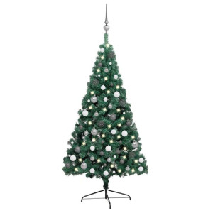 Sztuczna choinka z LED i bombkami, połówka, zielona, 240 cm