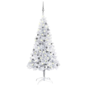 Sztuczna choinka z LED i bombkami, srebrna, 150 cm, PET