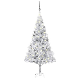 Sztuczna choinka z LED i bombkami, srebrna, 180 cm, PET