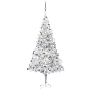 Sztuczna choinka z LED i bombkami, srebrna, 240 cm, PET