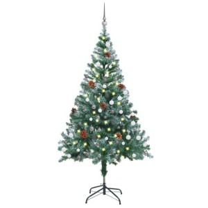 Sztuczna oszroniona choinka z LED, bombkami i szyszkami, 150 cm