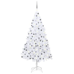 Sztuczna choinka z LED i bombkami, biała, 210 cm, PVC