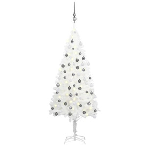 Sztuczna choinka z lampkami LED i bombkami, biała, 120 cm