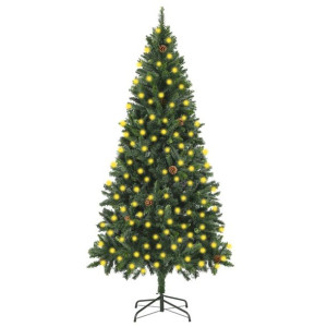 Sztuczna choinka z lampkami LED i szyszkami, zielona, 210 cm