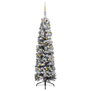Smukła choinka z lampkami LED i bombkami, zielona, 240 cm