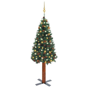 Smukła choinka z lampkami LED i bombkami, zielona, 150 cm