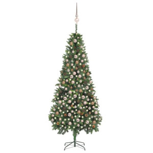 Sztuczna choinka z lampkami LED, bombkami i szyszkami, 210 cm
