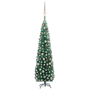 Smukła choinka z lampkami LED i bombkami, zielona, 240 cm