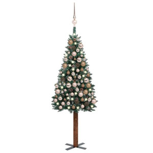 Smukła choinka z lampkami LED i bombkami, zielona, 150 cm