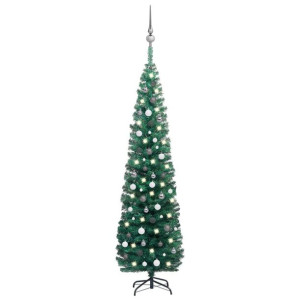 Smukła choinka z lampkami LED i bombkami, zielona, 240 cm