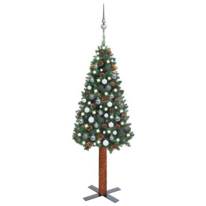 Smukła choinka z lampkami LED i bombkami, zielona, 150 cm, PVC