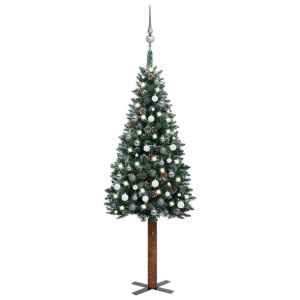 Smukła choinka z lampkami LED i bombkami, zielona, 210 cm